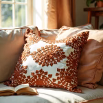 Dark orange embroidered Moroccan cushion covers styled on beige sofa