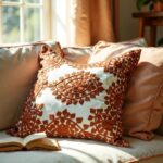 Burnt orange embroidered pillow covers with circular floral design on beige sofa in natural sunlight
