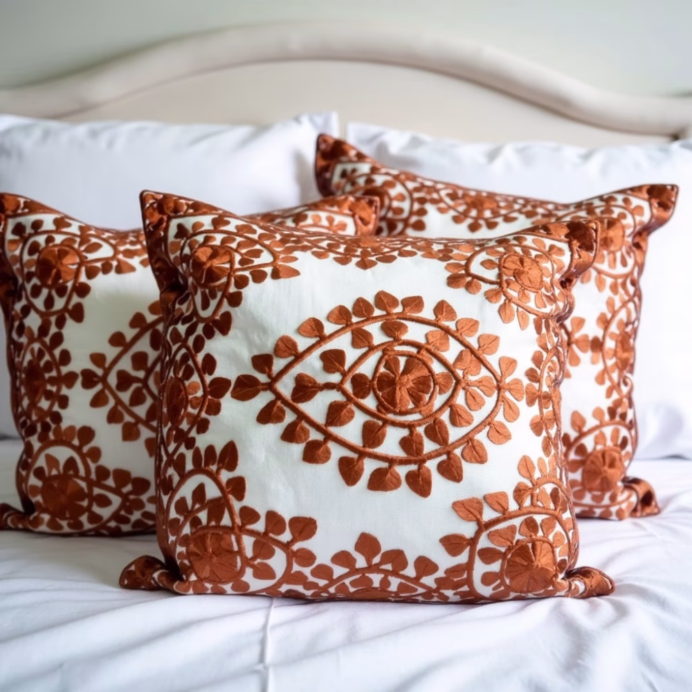 Close-up of Moroccan cushion cover showing intricate dark orange geometric pattern