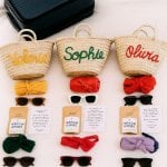 Personalized mini straw bags set with names Valeria, Sophie, Olivia and matching accessories for bridesmaids