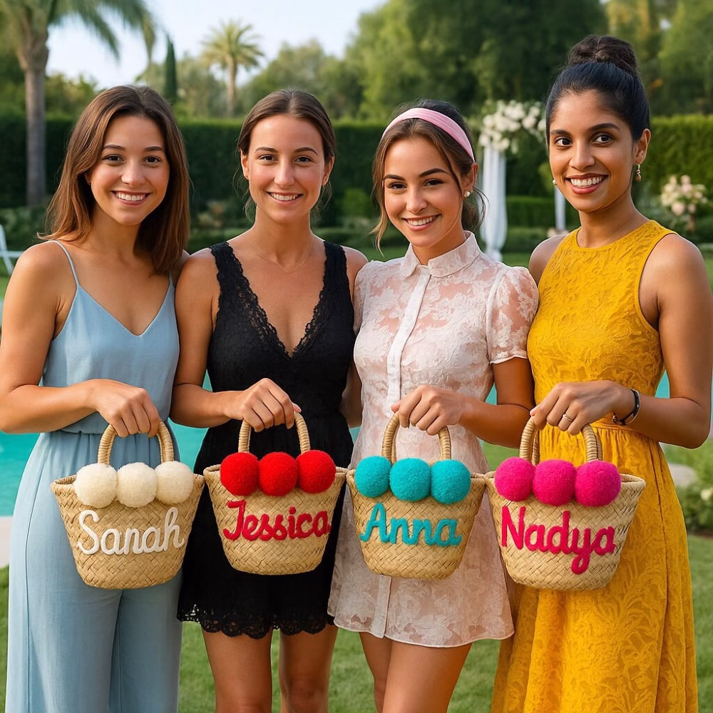 Group of four friends by a pool, each displaying a colorful personalized mini straw bag accented with bright pom-poms.