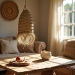 Natural woven lamp shade in sunlit living room