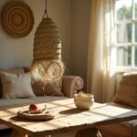 Handwoven straw lighting pendant closeup showing detailed herringbone weave and natural fringe base
