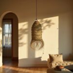 Handwoven straw lighting pendant in archway casting dramatic shadows with warm afternoon sunlight