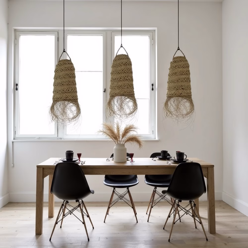 Triple hanging lamp shades over dining table