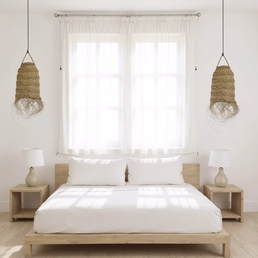 Bedroom with matching bedside lamp shades