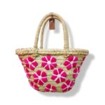 Small straw bag with fuchsia floral embroidery handwoven tote with leather tag and wrapped handles