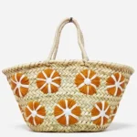 Handwoven small straw bag with orange embroidered flowers natural seagrass mini tote basket