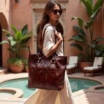 Woman with sunglasses carrying burgundy brown leather tote bag near outdoor pool area