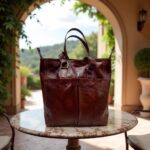 Burgundy brown leather tote bag on metal table in outdoor patio with brass buckle hardware