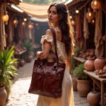 Woman carrying burgundy brown leather tote bag in arched outdoor walkway with greenery