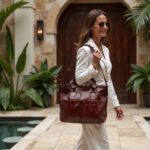 Woman in white blazer carrying burgundy brown leather tote bag through outdoor corridor with potted plants