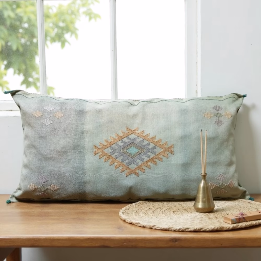 Sage green lumbar pillow cover with traditional Moroccan design