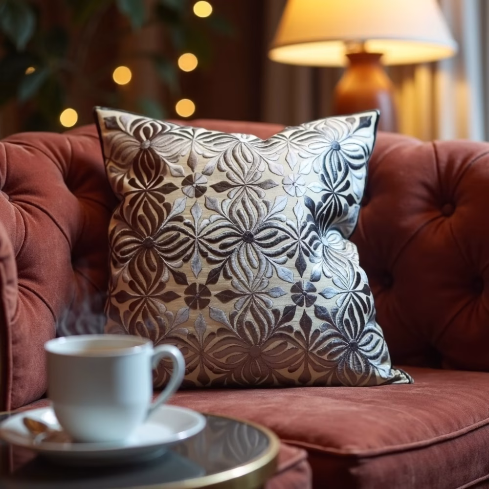Gray Moroccan pillow cover styled on burgundy leather chair with coffee