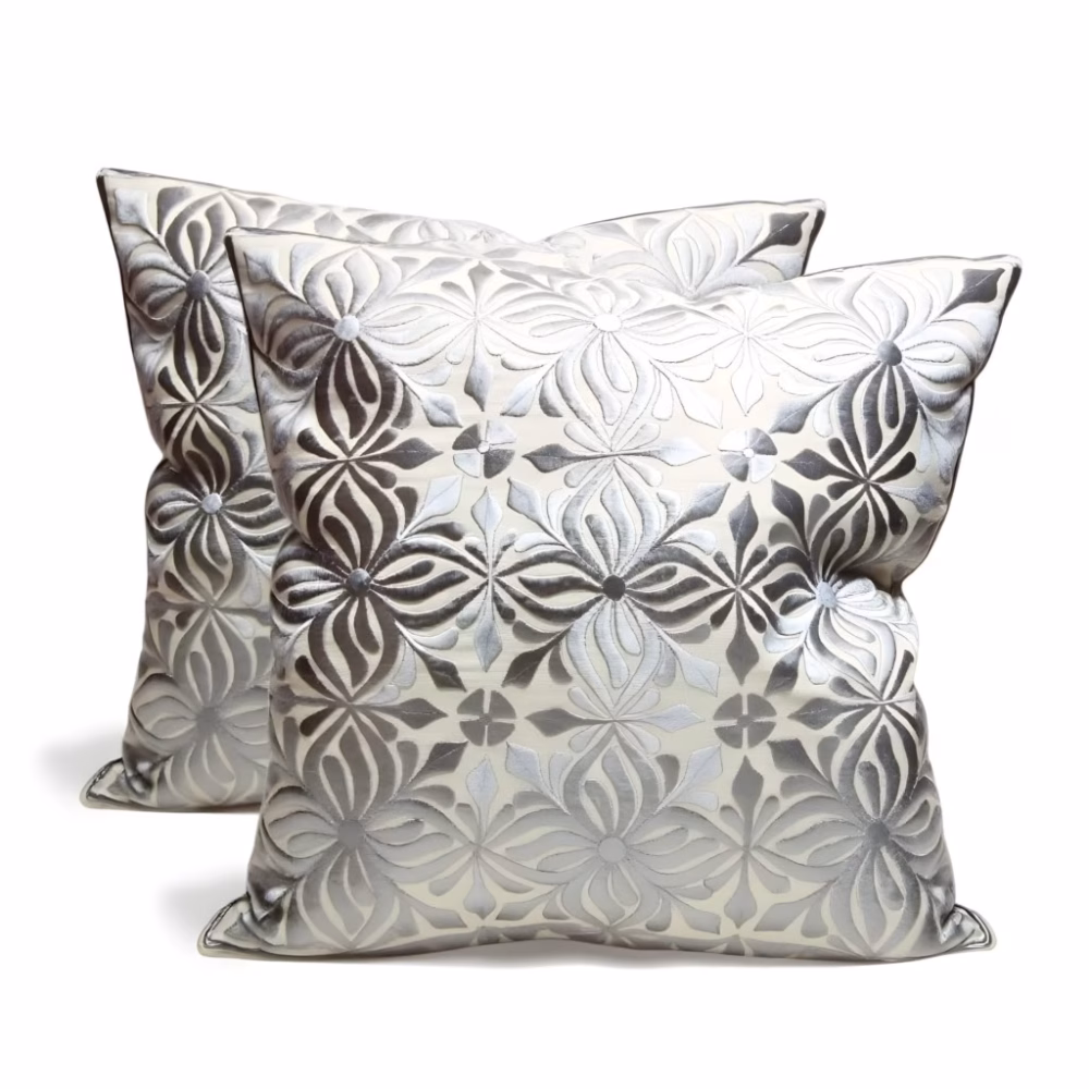 Product photo of gray embroidered Moroccan pillow covers set