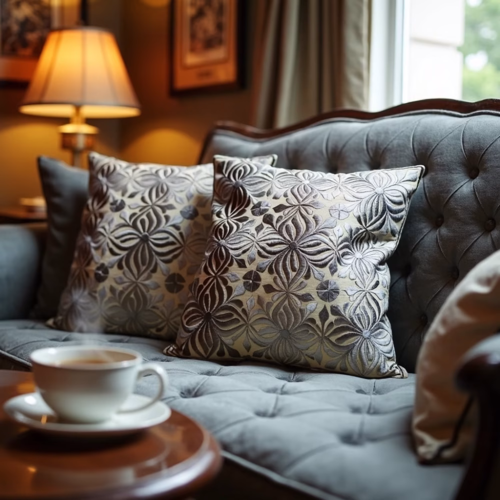 Gray Moroccan pillow covers styled with tea service