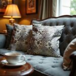 Gray floral pillow covers on tufted leather sofa with warm lighting and coffee table