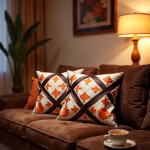 Berber cushion covers with orange and brown diamond pattern on leather sofa
