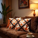 Handcrafted berber diamond pillow covers with orange floral motifs on brown sofa in cozy living room setting