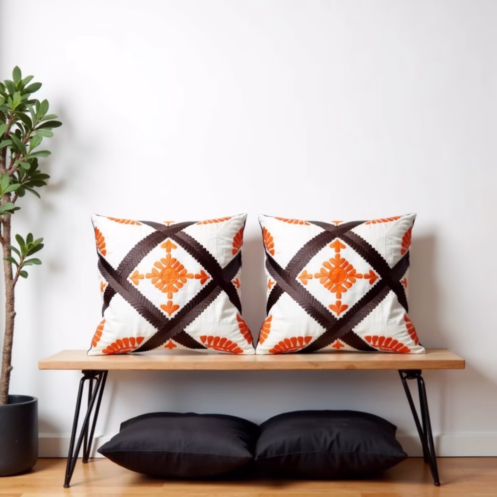 Orange and brown Berber cushion covers with modern bench setting
