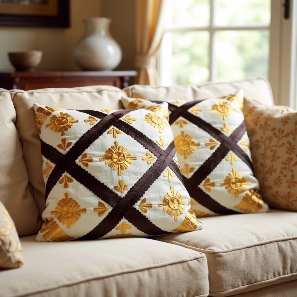 Berber style cushion covers with diamond pattern on beige sofa