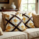 Woven diamond cushion covers styled on neutral sofa, showcasing raised golden embroidery and lattice design