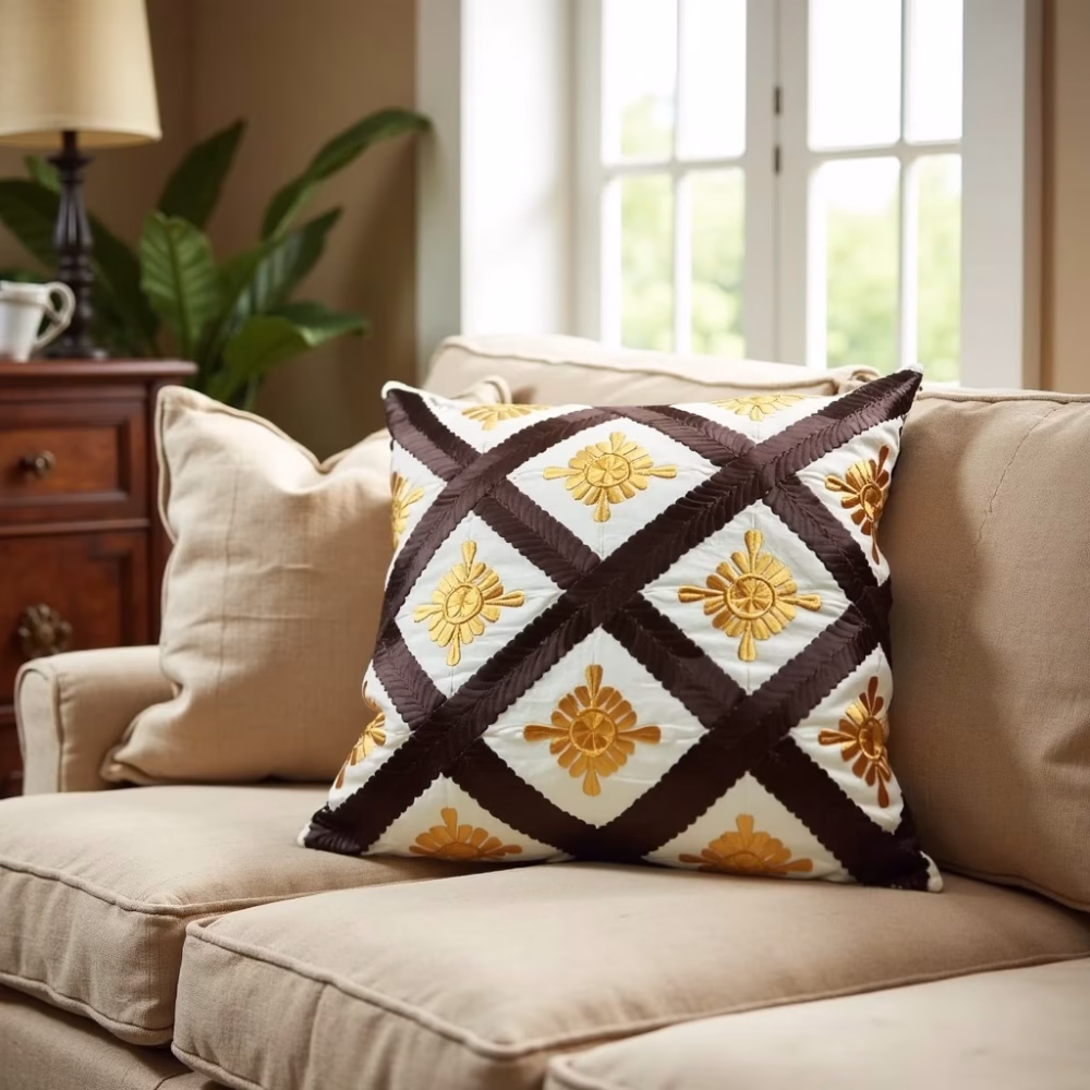 Dark brown and gold Berber cushion covers in living room setting