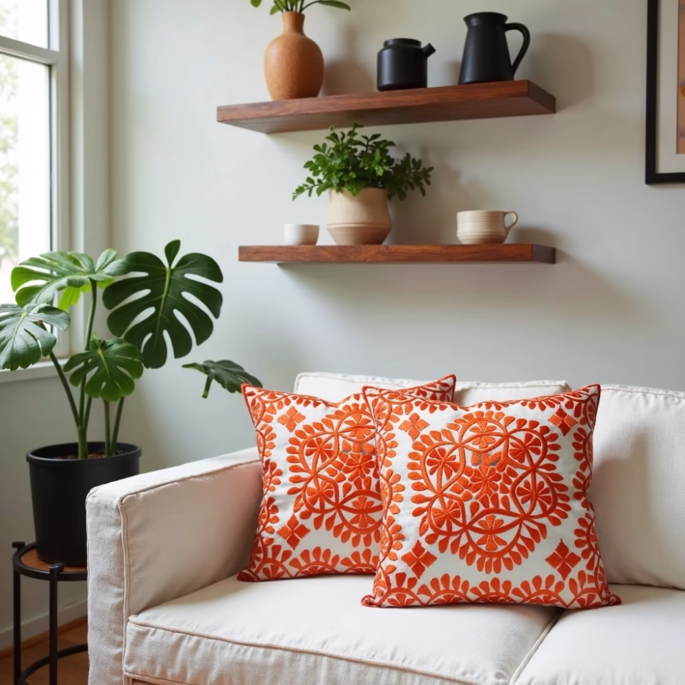 Orange embroidered cushion with damask pattern by monstera plant