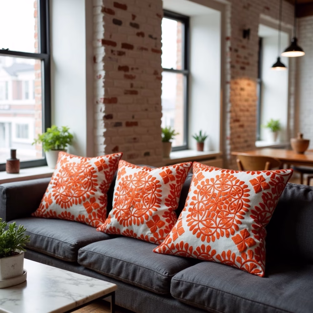 Orange damask embroidered cushions on dark gray sofa