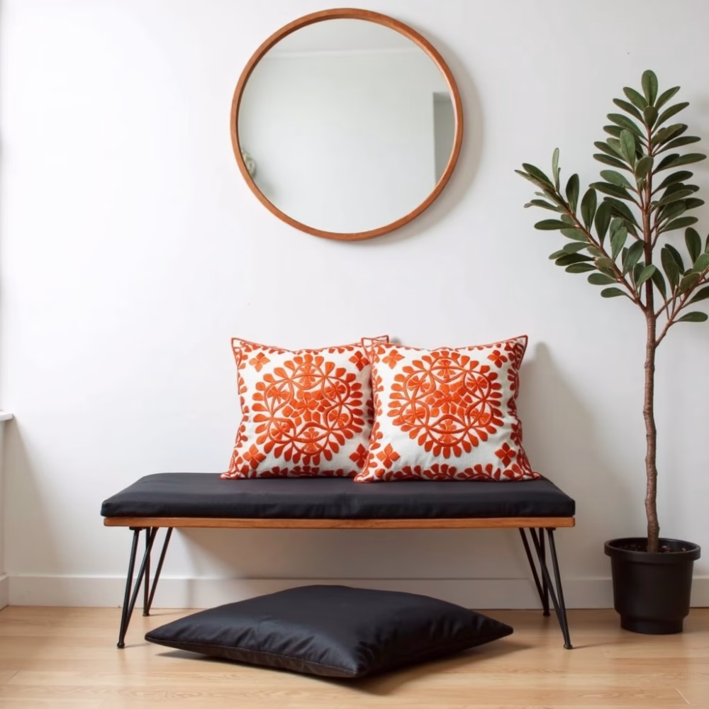 Embroidered cushion set in contemporary room setting