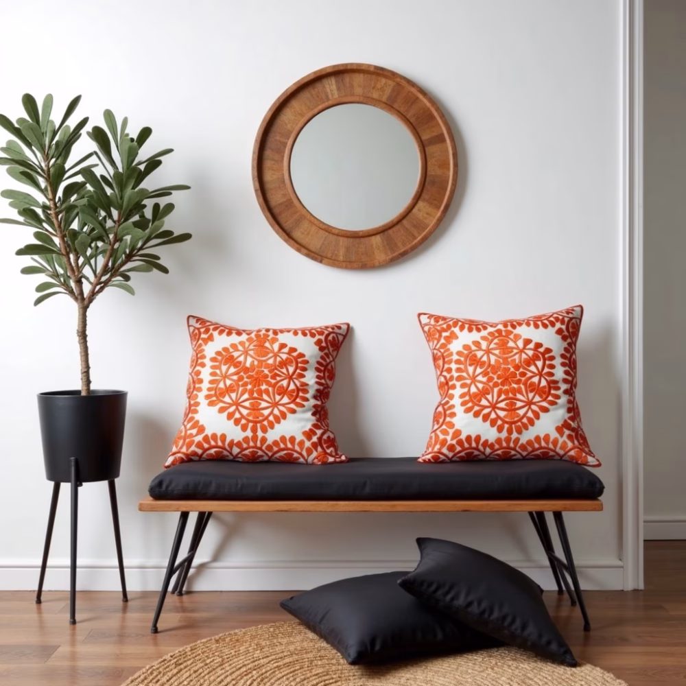 Embroidered cushion set in contemporary room setting