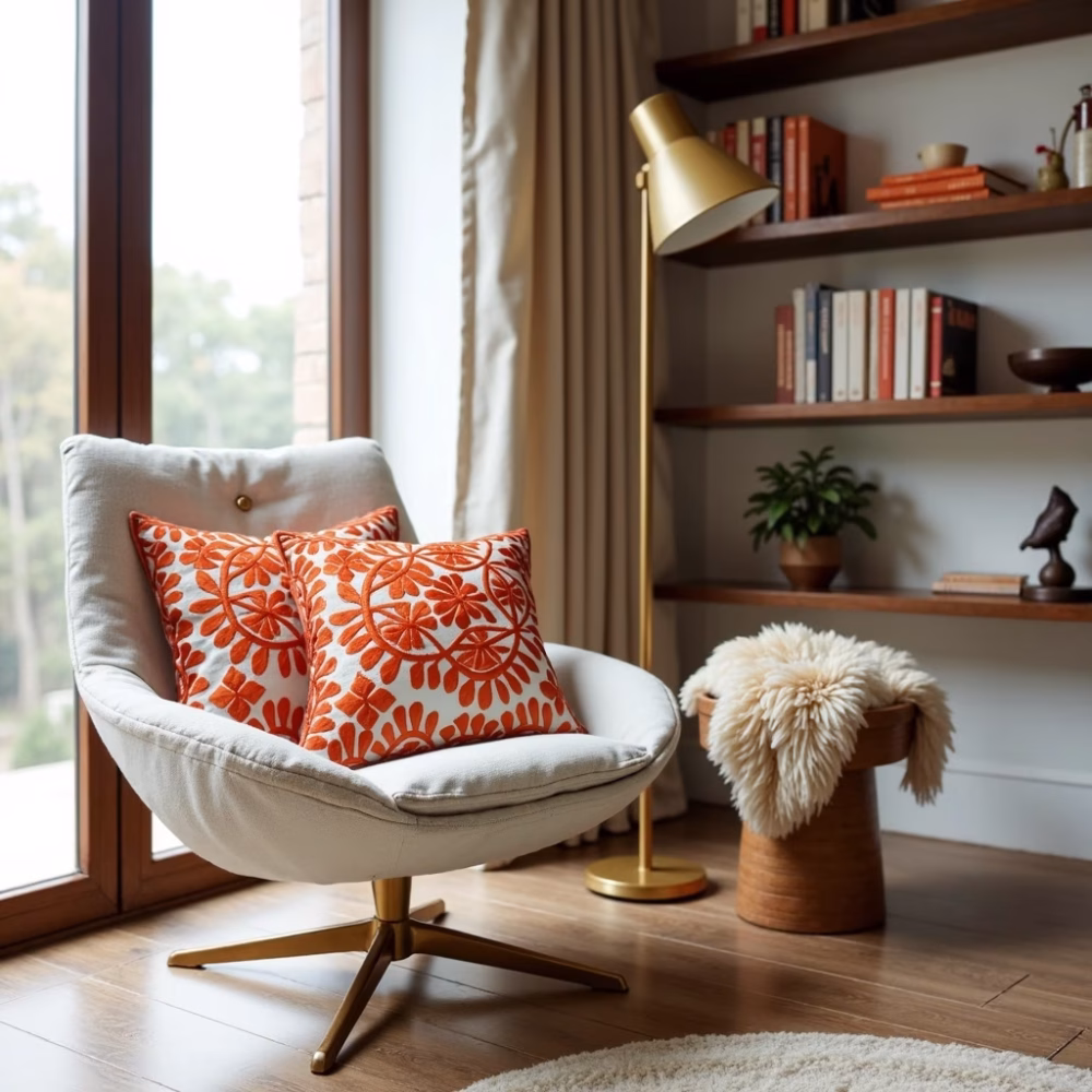 Embroidered cushion set in contemporary room setting
