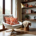 Orange embroidered cotton cushion covers on white chair by window, showcasing detailed floral motifs