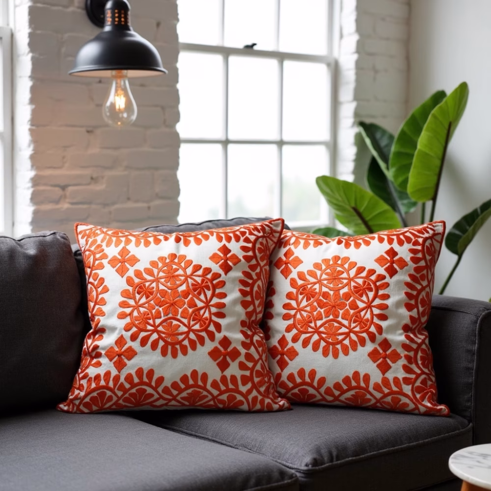 Orange cushions with round mirror and minimalist decor