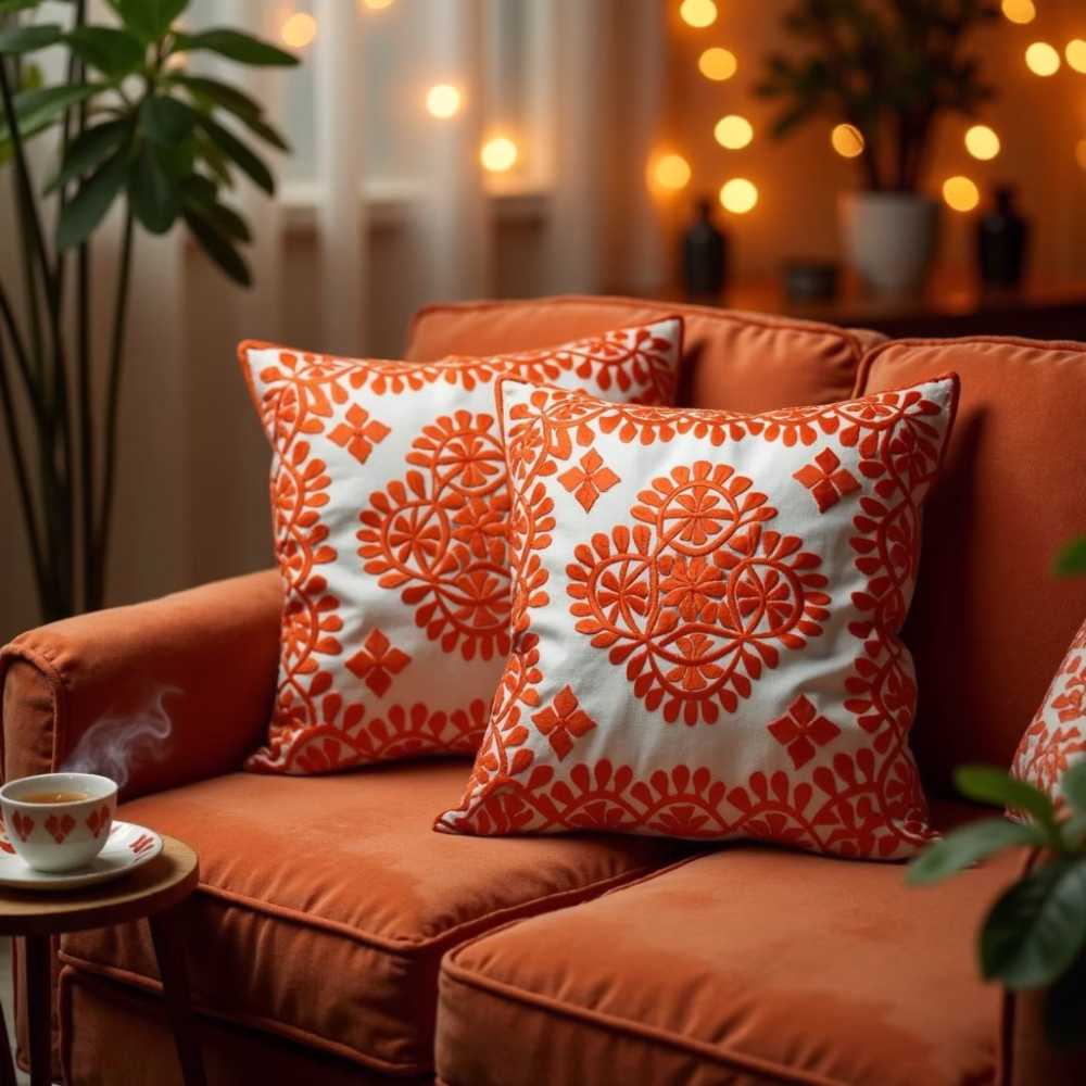 Damask pattern cushions on white sofa with plants