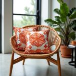 Orange damask embroidered cotton cushion set on window seat with city view and pampas grass vase