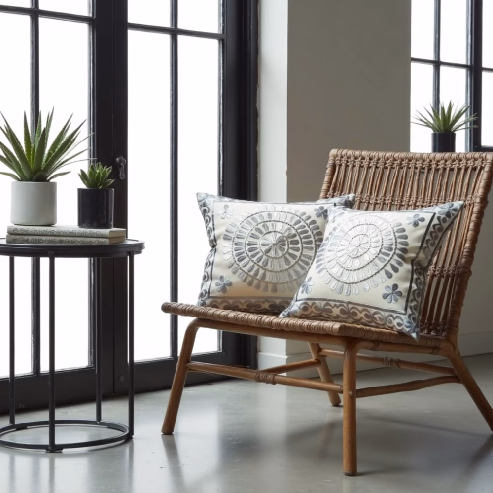 Set of circular pattern embroidered pillows with modern furniture