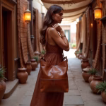 Lifestyle shot of leather hobo handbag in atmospheric corridor