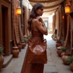 Woman carrying cognac leather hobo handbag crossbody style in rustic Mediterranean courtyard setting