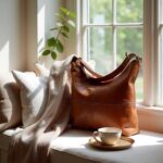 Cognac brown leather hobo handbag by sunny window with coffee cup, showcasing everyday luxury style