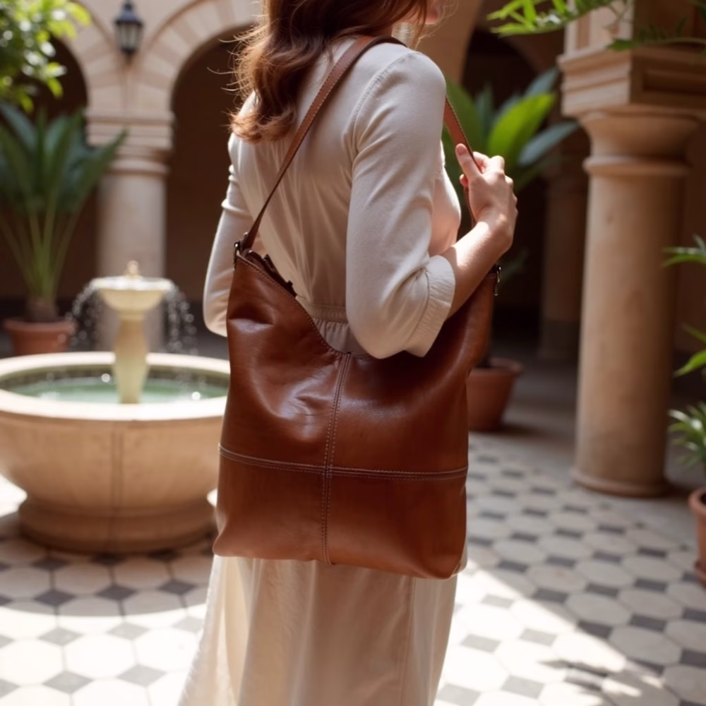 Woman carrying leather hobo handbag in traditional Moroccan courtyard