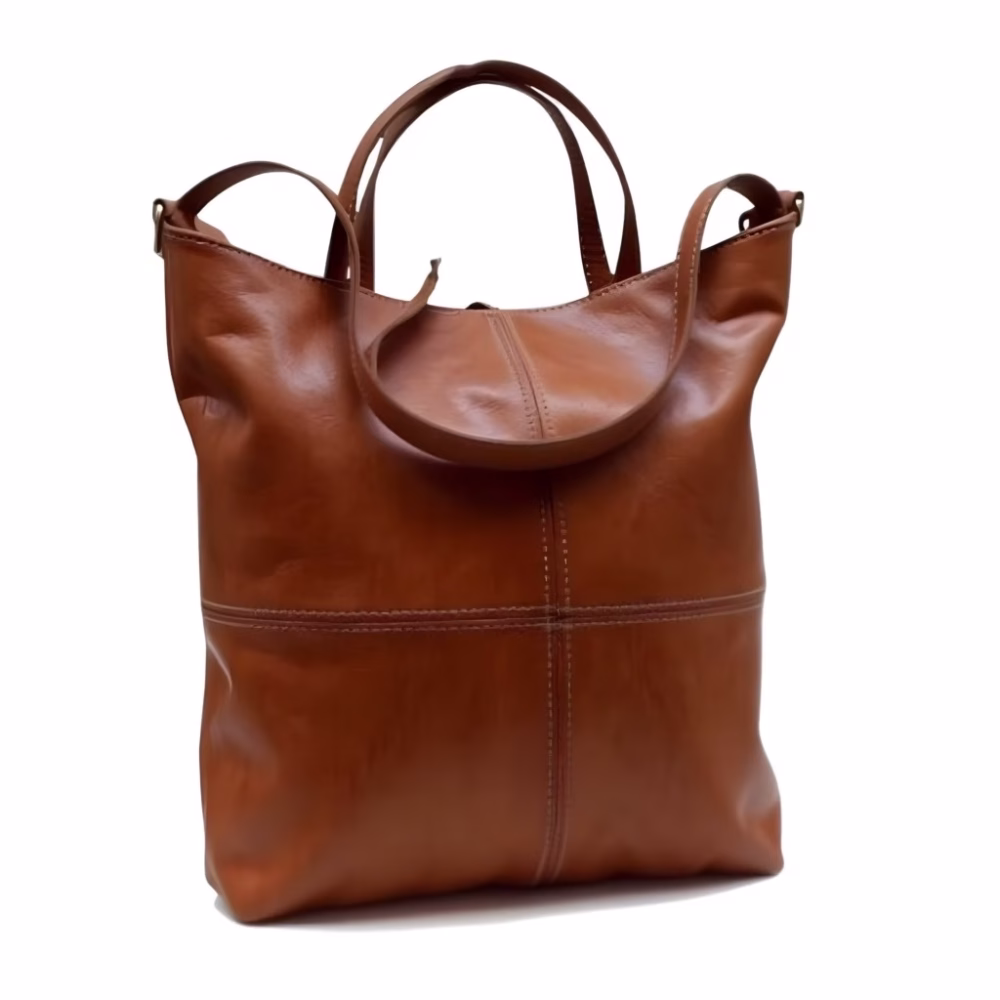 Brown leather hobo handbag product shot against white background