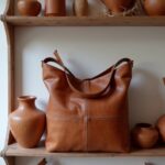 Cognac leather hobo handbag displayed on wooden shelf with artisan pottery, showcasing handcrafted design