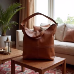 Leather hobo handbag styled in cozy home environment