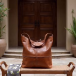 Front view of leather hobo handbag in traditional setting
