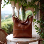 Leather hobo handbag displayed on marble table with greenery