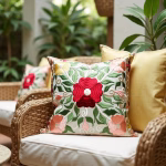 Moroccan embroidered pillow case styled with rattan furniture and plants