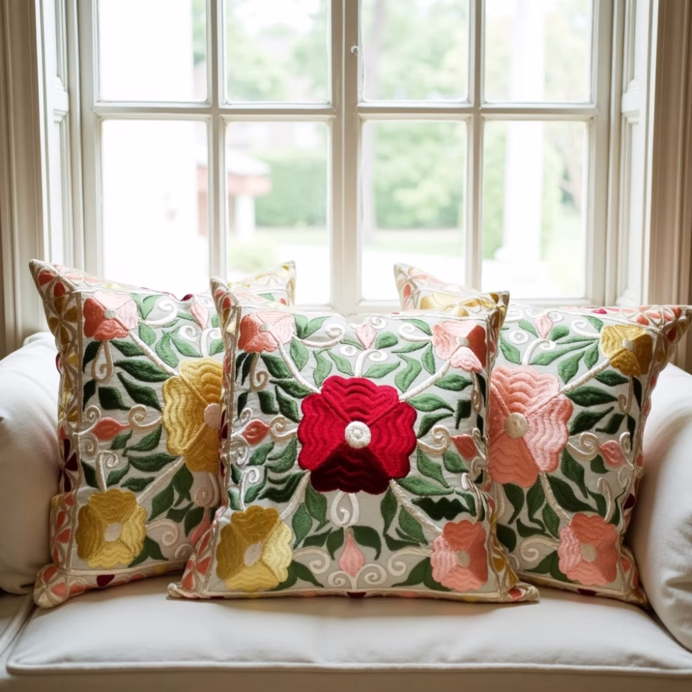 Window seat decorated with handmade Moroccan floral pillow cases