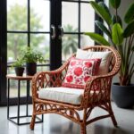 Red embroidered pillow covers on rattan chair with plants, featuring two-tone dimensional floral suzani embroidery