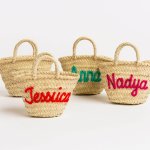 Personalized mini straw bags with colorful embroidered names - Jessica, Anna, Nadiya - handwoven basket favors